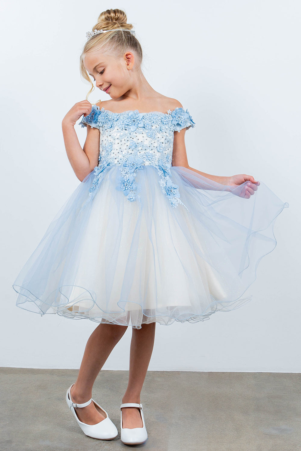 Cinderella Couture Blue 3D Floral Sequin Tulle Off Shoulder Flower Girl Dress Little Girls 4