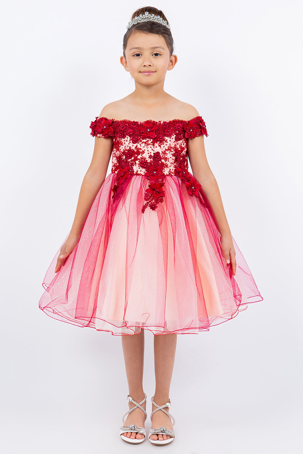 Cinderella Couture 9130 Short 3D Floral Applique Flower Girl Dress - Burgundy / 6 Cinderella Couture 9130 Short 3D Floral Applique Flower Girl Dress - Burgundy / 6