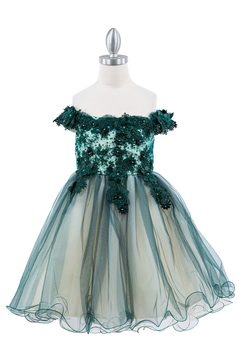 Off Shoulder Glitter Tulle Flower Girl Dress by Cinderella Couture USA AS9130 Hunter Green / 8 Off Shoulder Glitter Tulle Flower Girl Dress by Cinderella Couture USA AS9130 Hunter Green / 8