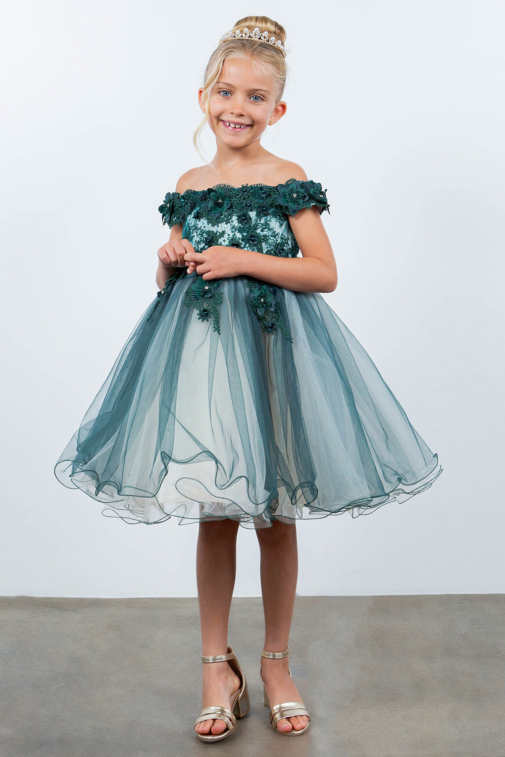 Off Shoulder Glitter Tulle Flower Girl Dress by Cinderella Couture USA AS9130