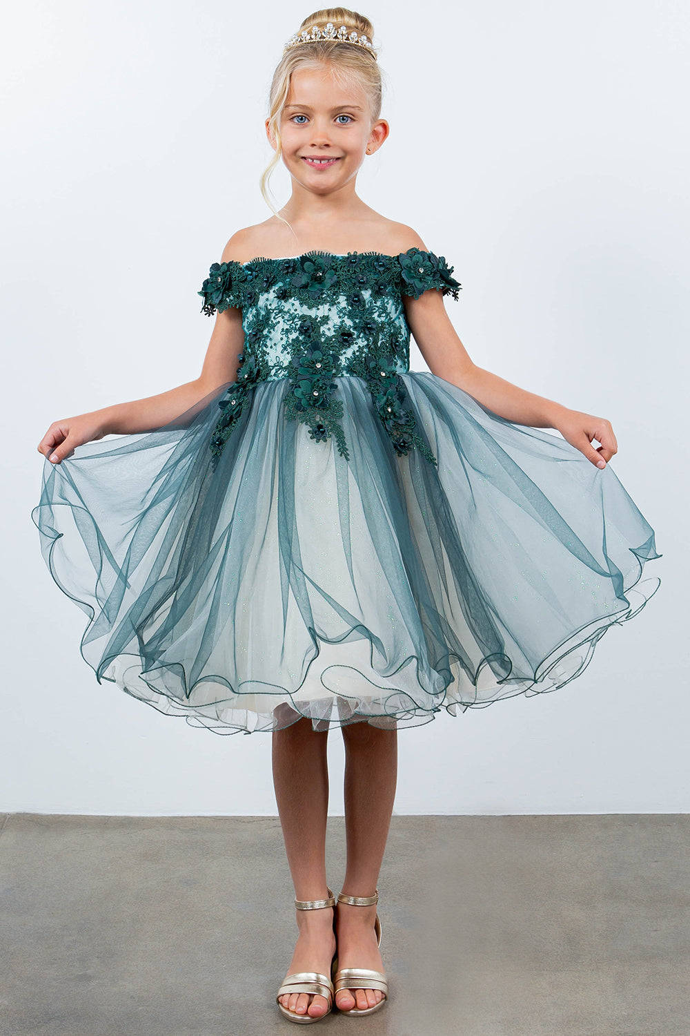 Cinderella Couture 9130 Short 3D Floral Applique Flower Girl Dress - Hunter Green / 8 Cinderella Couture 9130 Short 3D Floral Applique Flower Girl Dress - Hunter Green / 8