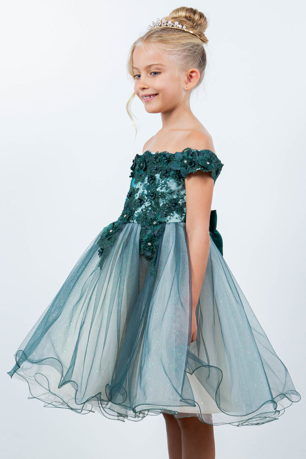 Off Shoulder Glitter Tulle Flower Girl Dress by Cinderella Couture USA AS9130