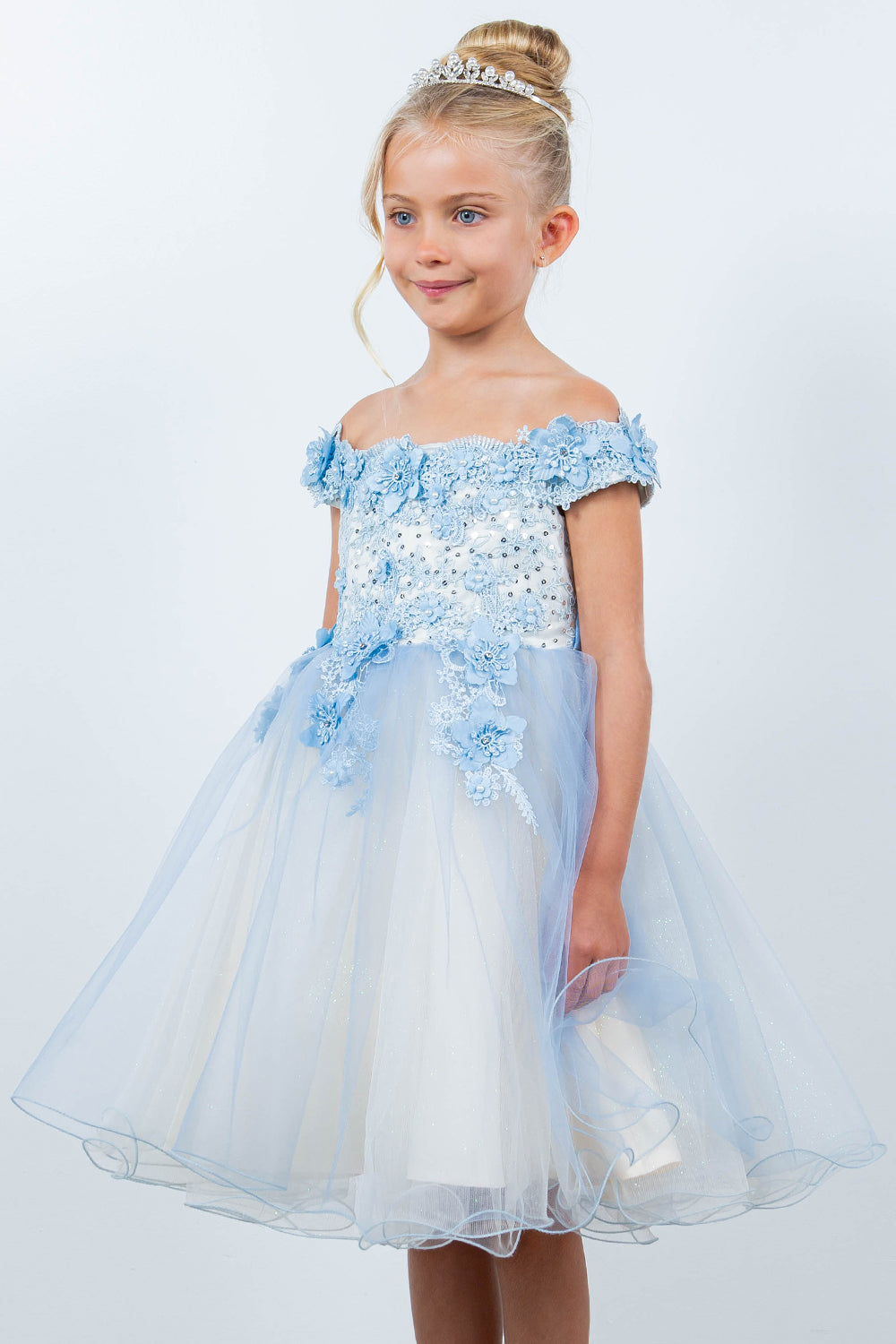 Off Shoulder Glitter Tulle Flower Girl Dress by Cinderella Couture USA AS9130