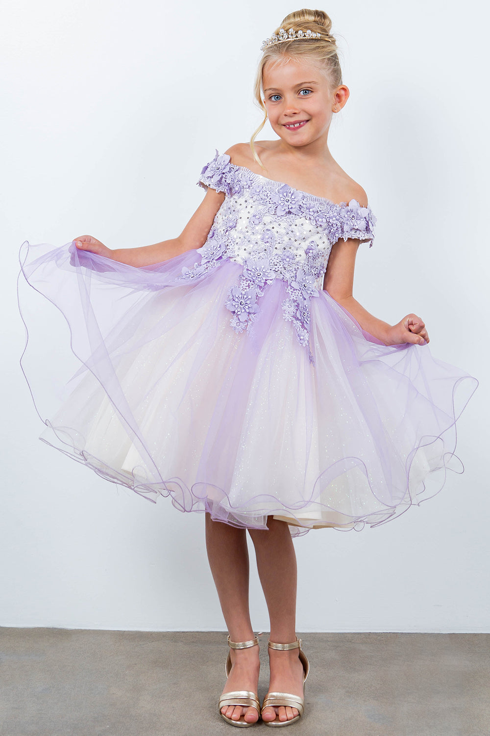 Off Shoulder Glitter Tulle Flower Girl Dress by Cinderella Couture USA AS9130