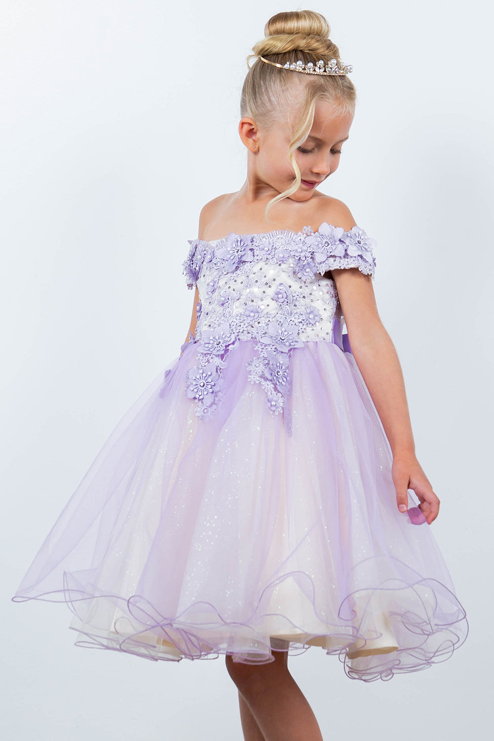 Off Shoulder Glitter Tulle Flower Girl Dress by Cinderella Couture USA AS9130