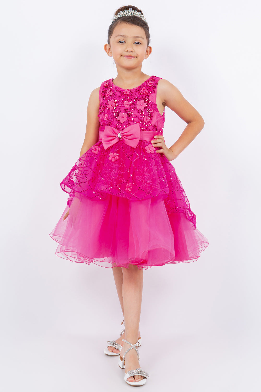 Cinderella Couture 9131 A Line Short Sequin Applique Flower Girl Dress - Fuchsia / 4