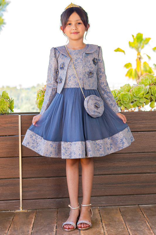 Elegant Jacquard Long Sleeve Jacket Girl Party Dress by Cinderella Couture USA AS9146