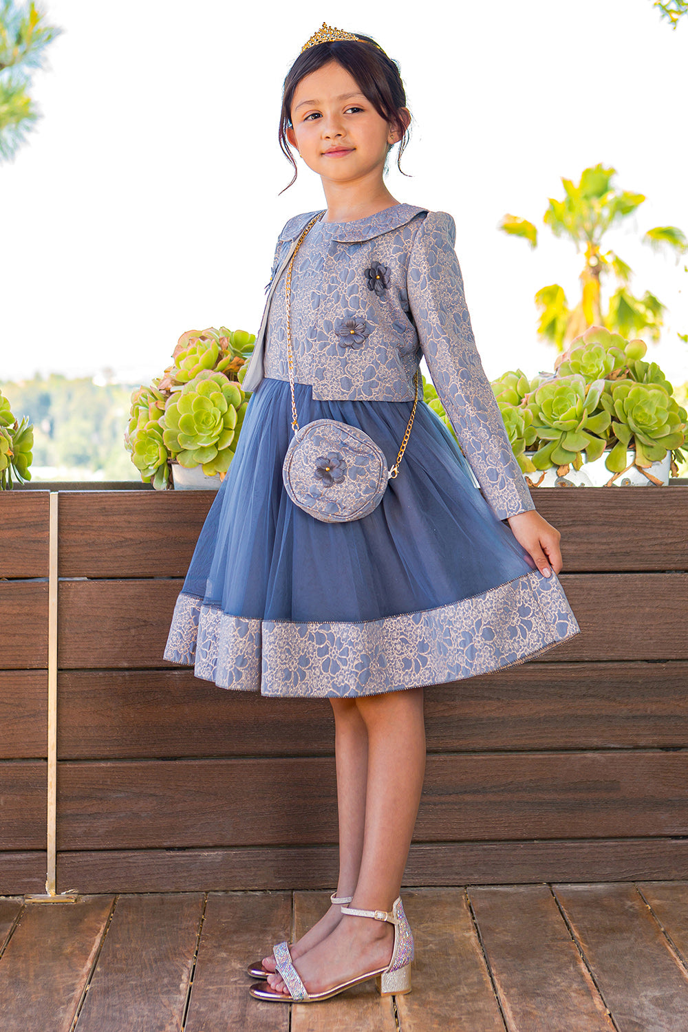 Elegant Jacquard Long Sleeve Jacket Girl Party Dress by Cinderella Couture USA AS9146 4 / Royal