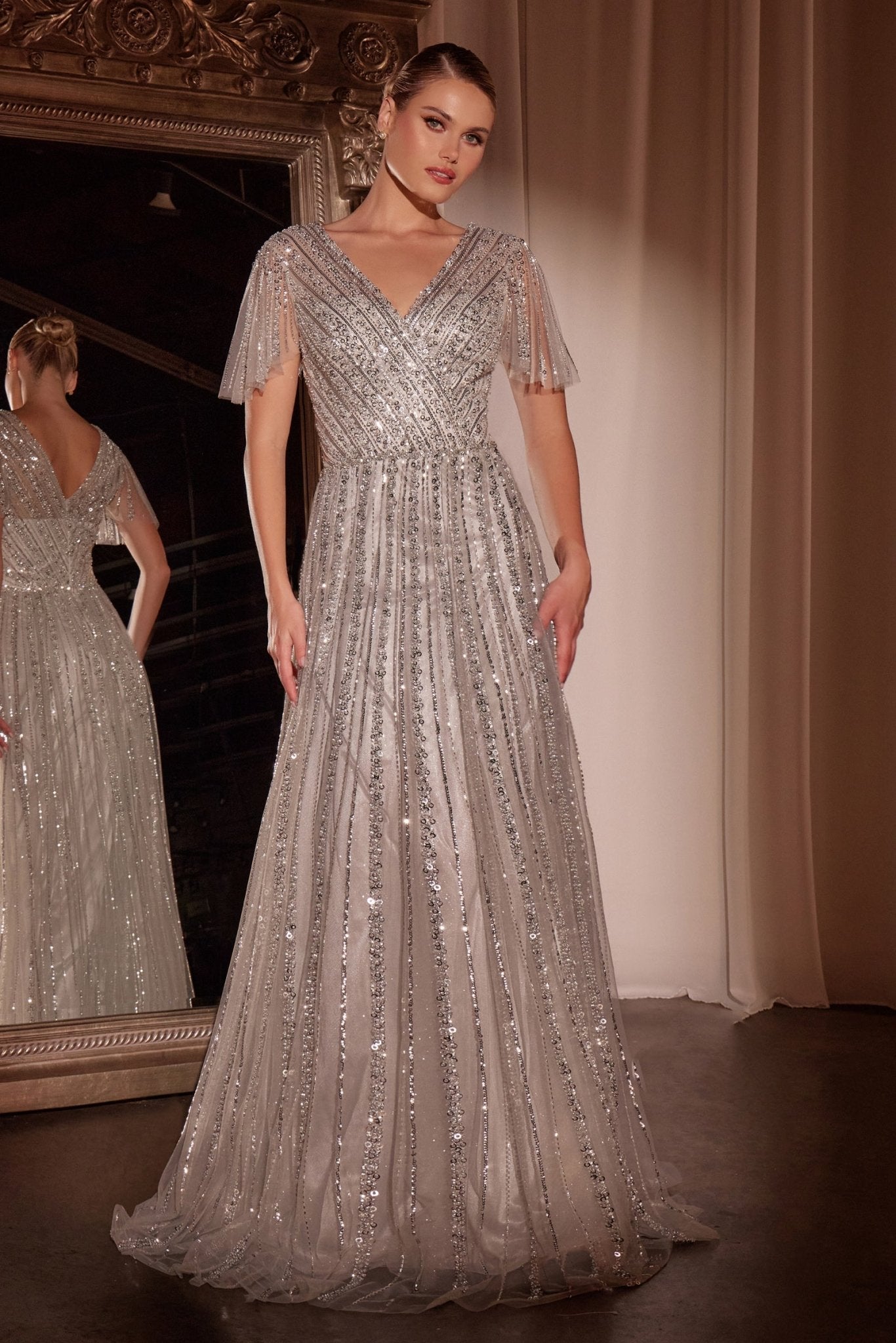 Butterfly Sleeve V-Neckline Gown By Ladivine CD0241 - Women Evening Formal Gown - Special Occasion/Curves Silver / 10 Butterfly Sleeve V-Neckline Gown By Ladivine CD0241 - Women Evening Formal Gown - Special Occasion/Curves Silver / 10