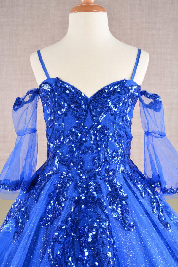 Girls Sequin Print Bell Sleeve Gown by Elizabeth K GK104 12 / Royal Blue Girls Sequin Print Bell Sleeve Gown by Elizabeth K GK104 12 / Royal Blue