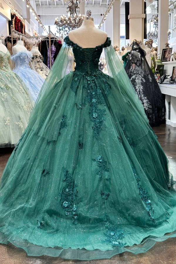 off the shoulder emerald green quince dress Dark Green Organza Off-the-Shoulder Ball Gown Quinceanera Dress Dark Green / 10 main image 1