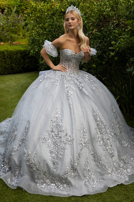 Embellished Glitter Cut-Away Shoulder Quinceanera Dress by GLS by Gloria - GL3519