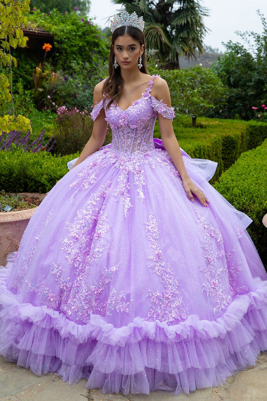 3D Flower Applique V-Neckline Quinceanera Dress by GLS by Gloria - GL3520