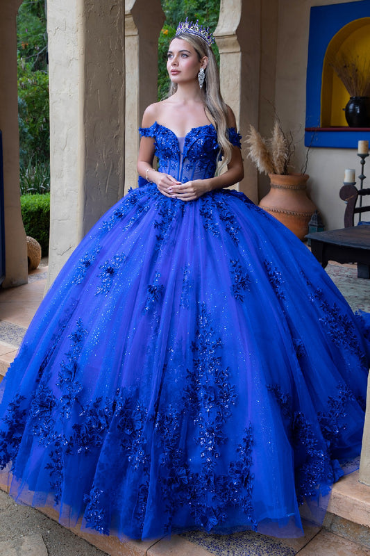 Embroidery Off Shoulder Corset Glitter Quinceanera Dress by GLS by Gloria - GL3521