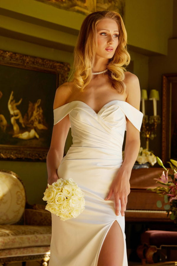 Off Shoulder Corset Bodice Slit Women Bridal Dress by GLS by Gloria - GL3545 - Special Occasion/Curves XL / Ivory Off Shoulder Corset Bodice Slit Women Bridal Dress by GLS by Gloria - GL3545 - Special Occasion/Curves XL / Ivory