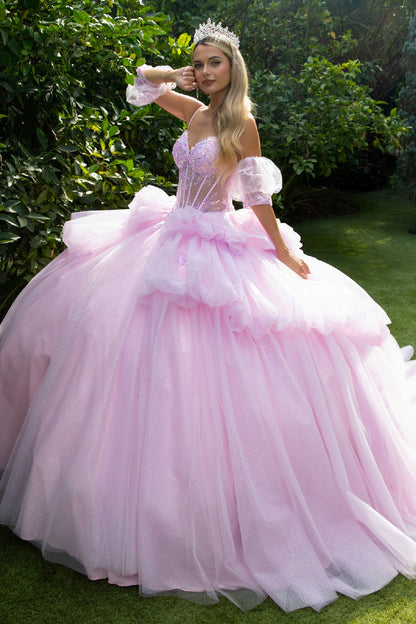 Glitter Off Shoulder V-Neck Quinceanera Dress by GLS by Gloria - GL3546