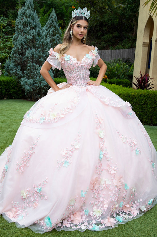 3D Flower Applique V-Neckline Quinceanera Dress by GLS by Gloria - GL3554