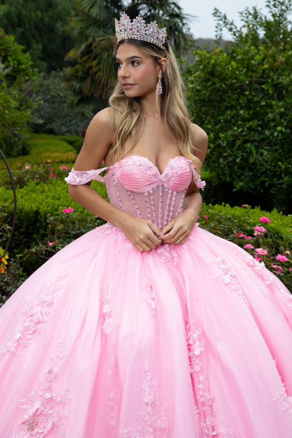 pink quince dress with bow in the back The bodice is adorned with intricate 3D floral lace appliques Glitter Off Shoulder with Back