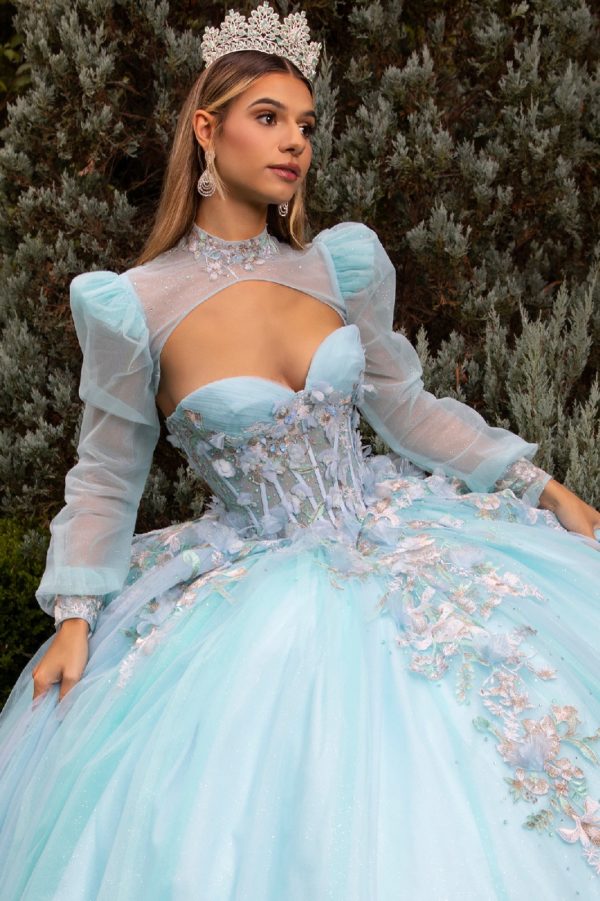 blue long sleeve quince dress Blue Long Sleeve Quinceanera Dresses Lace Applique Formal Dresses 21366 Blue / 18W