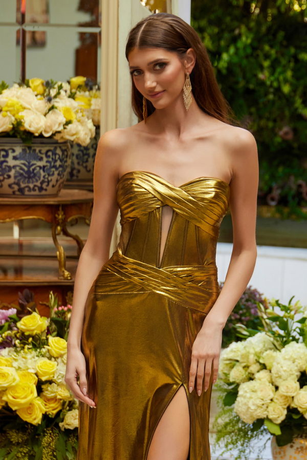 formal gold satin dress Short-Sleeve Long Satin Formal Dress with Beads Gold / 14