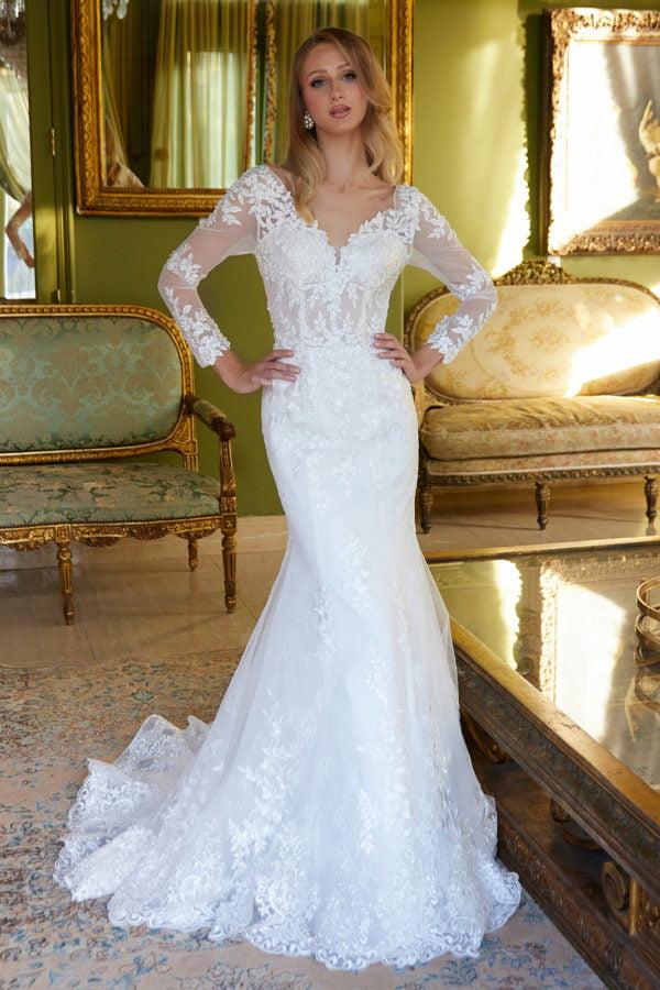 mermaid women wedding dresses Long Sleeve Cape Bridal Gown by GLS Gloria GL3605 2XL / Off White