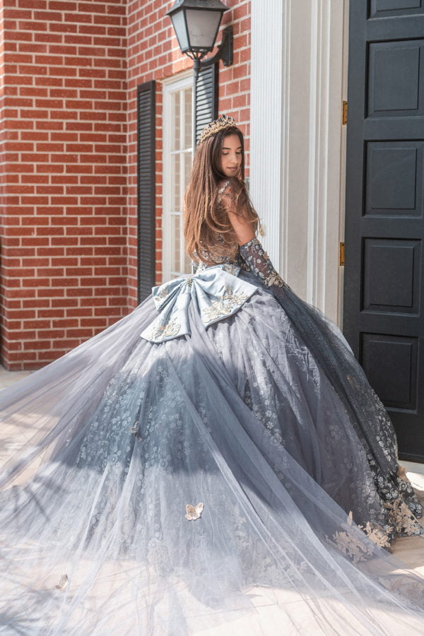 3D Butterfly Bell Sleeve Ball Gown by GLS Gloria GL3318 XL / Gray 3D Butterfly Bell Sleeve Ball Gown by GLS Gloria GL3318 XL / Gray
