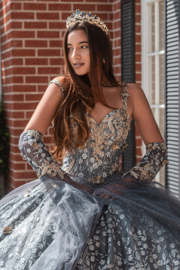 3D Butterfly Bell Sleeve Ball Gown by GLS Gloria GL3318 XL / Gray 3D Butterfly Bell Sleeve Ball Gown by GLS Gloria GL3318 XL / Gray