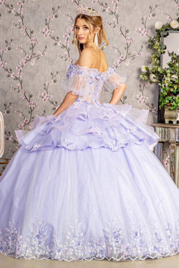 3-D Flower Applique Straight Across Neckline Quinceanera Dress by Elizabeth K - GL3180