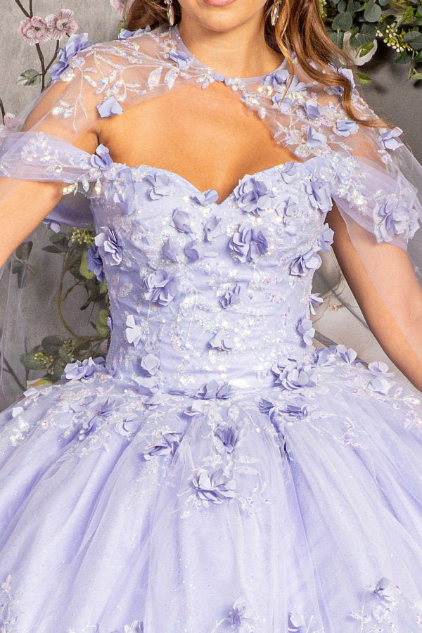 Glitter 3-D Flower Off Shoulder Quinceanera Dress by Elizabeth K - GL3179