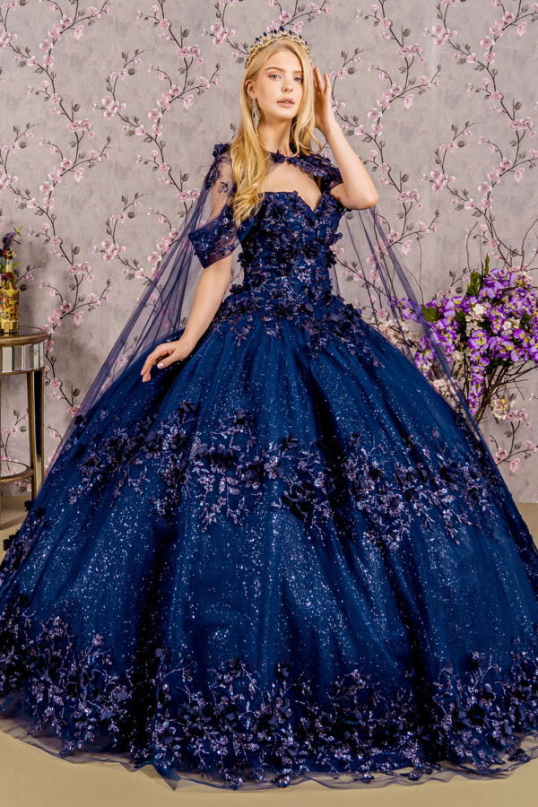 Glitter 3-D Flower Off Shoulder Quinceanera Dress by Elizabeth K - GL3179