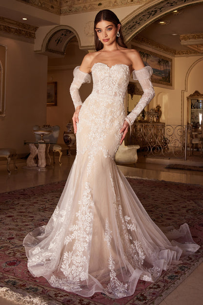 Off-White Nude Lace Mermaid with Removable Sleeves Bridal Gown WL008
