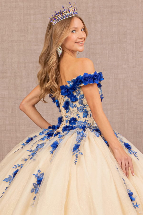 royal blue with gold quinceanera dresses 3-D Embroidery Off Shoulder Dress by GLS by Gloria Bridal Accessories PLP Men's summer style Reduce Costs With Factory Color:blue palm