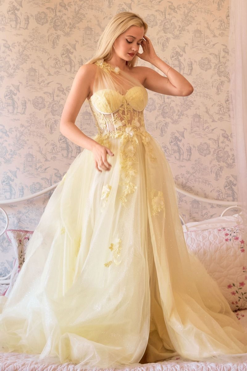 One Shoulder Illusion Tulle & Floral Bodice A-line Slit Gown by Andrea & Leo Couture A1053 LEILA GOWN - Special Occasion
