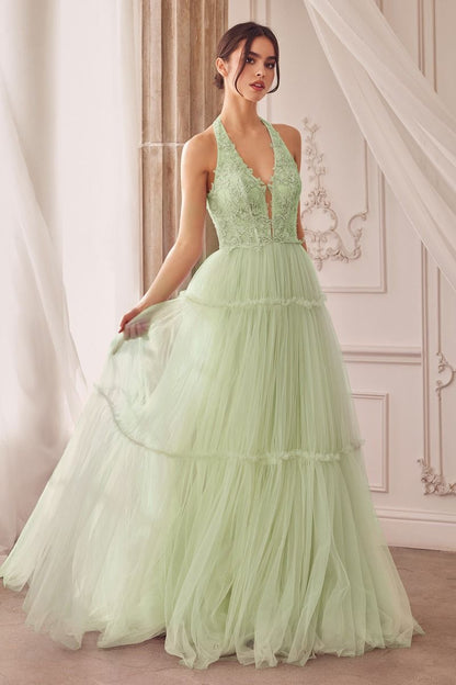 Long A-Line Halter Prom Dress with Lace Greenery / 10 Long A-Line Halter Prom Dress with Lace Greenery / 10