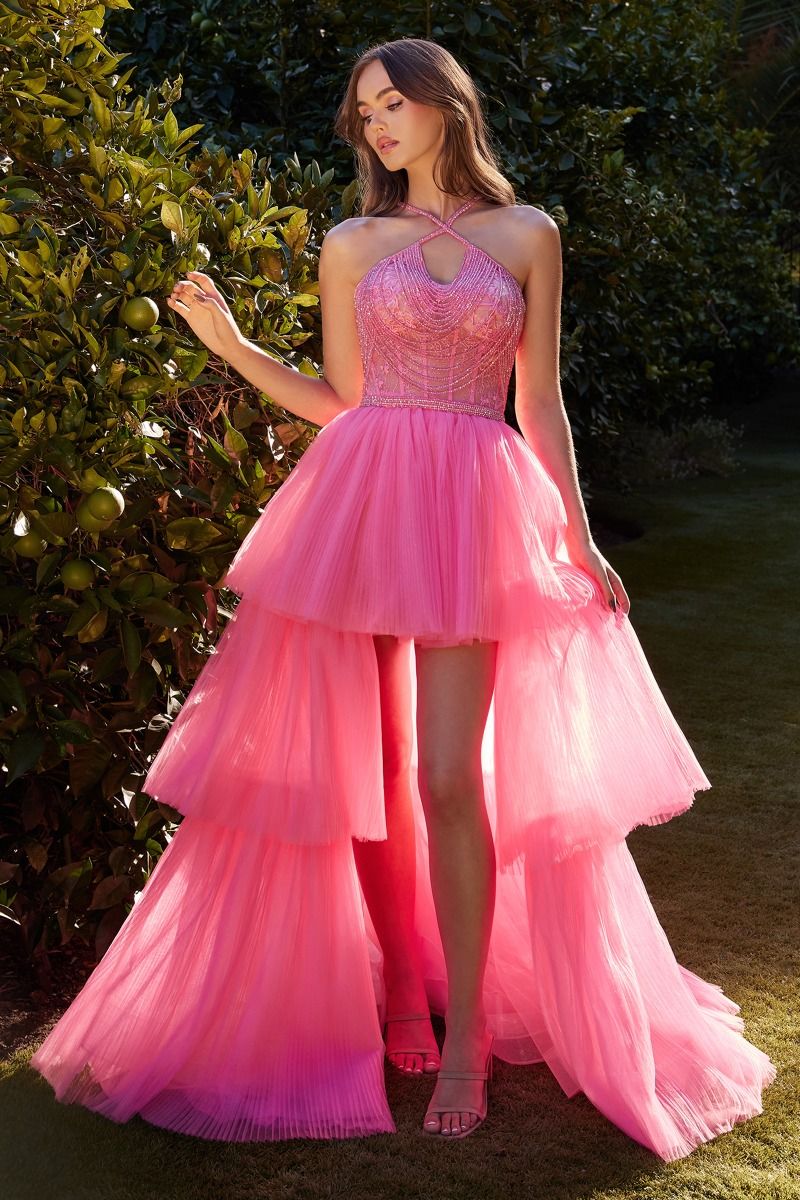 Andrea & Leo A1239 High Low Halter Layered Corset Beaded Ball Gown, Pink / 4