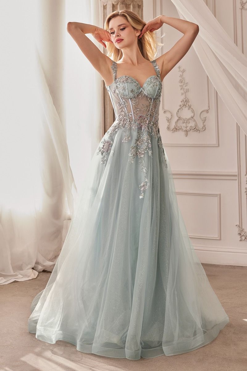 Andrea & Leo A1258 Elegant A-line Tulle Ballgown with Embellished Bodice Dusty Blue / 8
