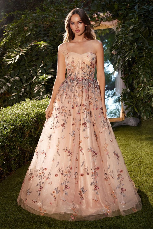 Floral Embroidered One Shoulder Floral Formal Evening Gown by Andrea & Leo Couture - A1289 - Special Occasion