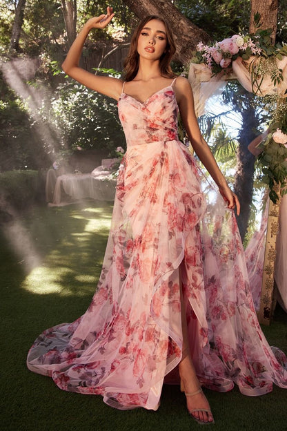 Floral Printed V-Neckline Formal Evening Gown by Andrea & Leo Couture - A1290 - Special Occasion