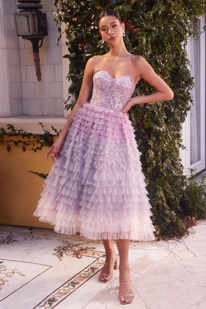 Strapless Layered Ruffle Tea Length Gown by Andrea & Leo Couture A1309 Gown - Special Occasion