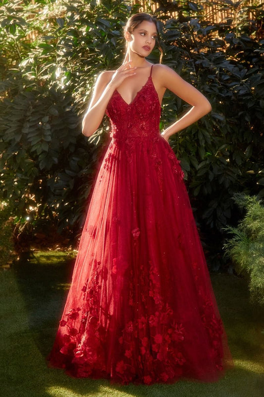 Tulle V-Neckline Floral Formal Evening Gown by Andrea & Leo Couture - A1326 - Special Occasion/Curves