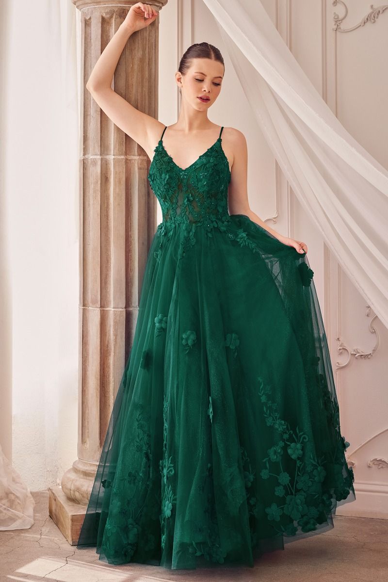 Tulle V-Neckline Floral Formal Evening Gown by Andrea & Leo Couture - A1326