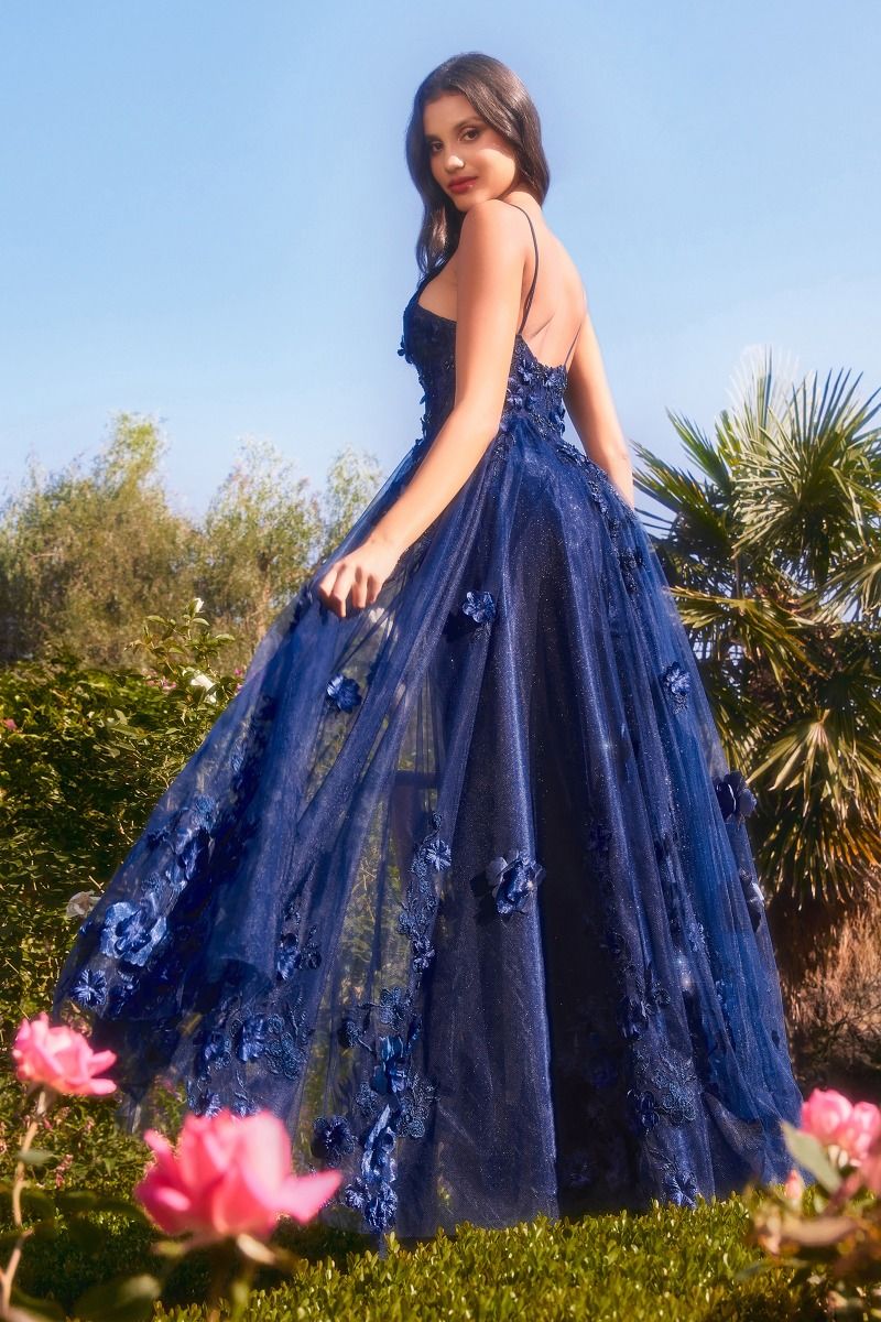evening dresses with flowers Blue Tulle A-line V-neck Lace Flowers Prom Dresses MP720