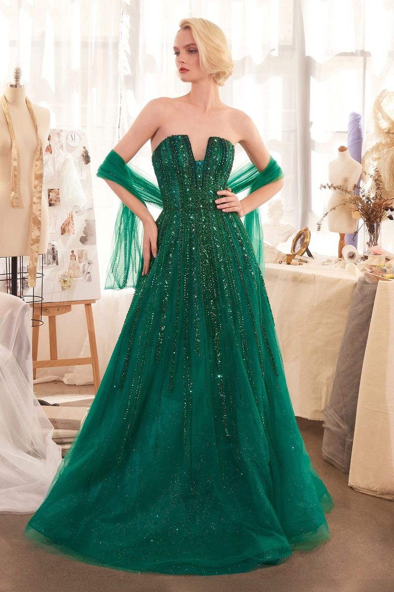 Strapless V-Neckline Layered Tulle Gown by Andrea and Leo A1369 - Special Occasion/Curves 12 / Emerald Strapless V-Neckline Layered Tulle Gown by Andrea and Leo A1369 - Special Occasion/Curves 12 / Emerald