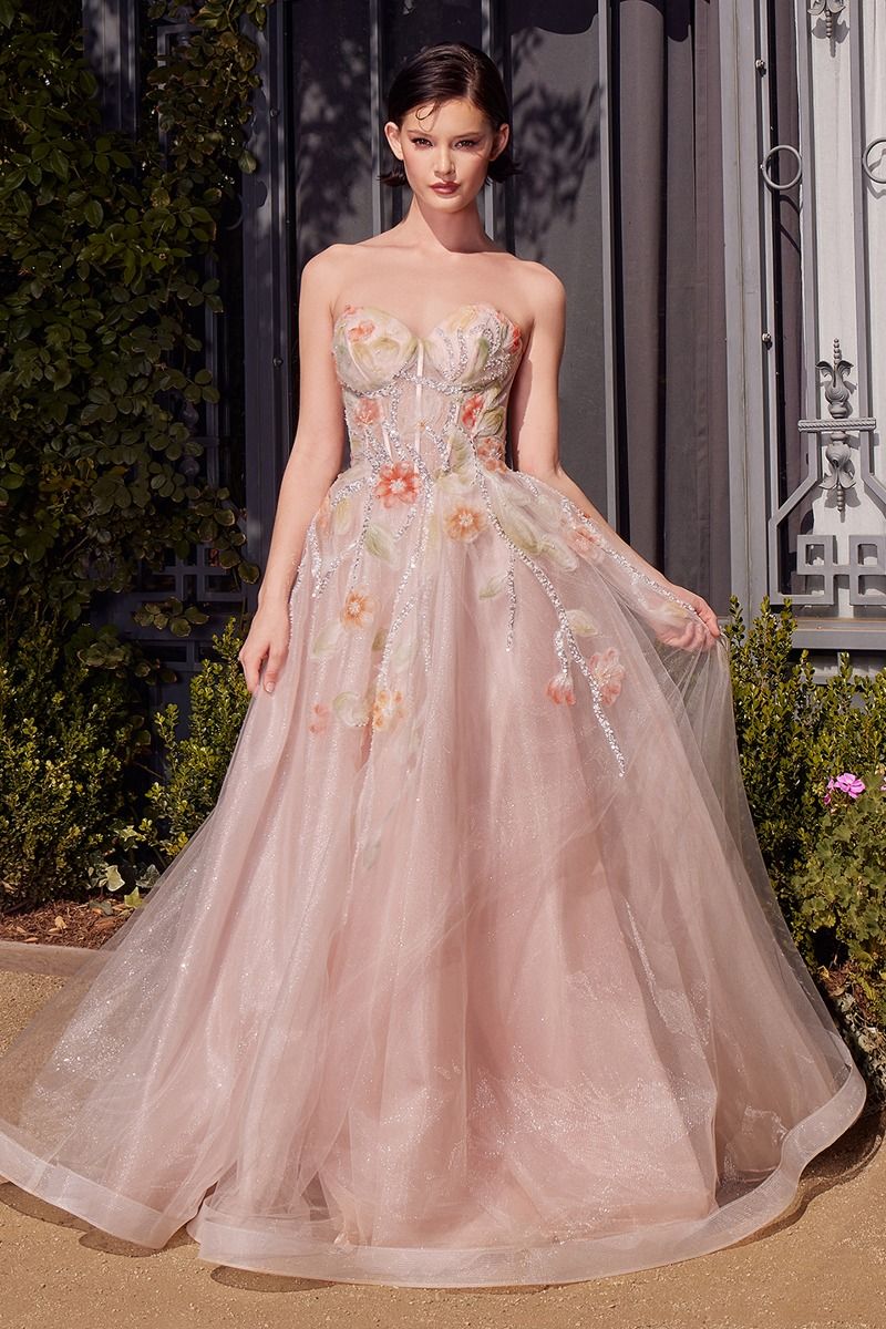 Andrea & Leo - A1383 - Strapless Floral Ballgown with Sheer Bodice Peach / 8