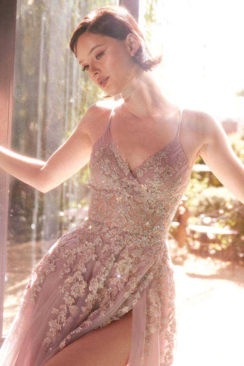 slim fit dress slacks straps A-line rosegold tulle long evening dress with beaded bodice pro –  classygown main image 1