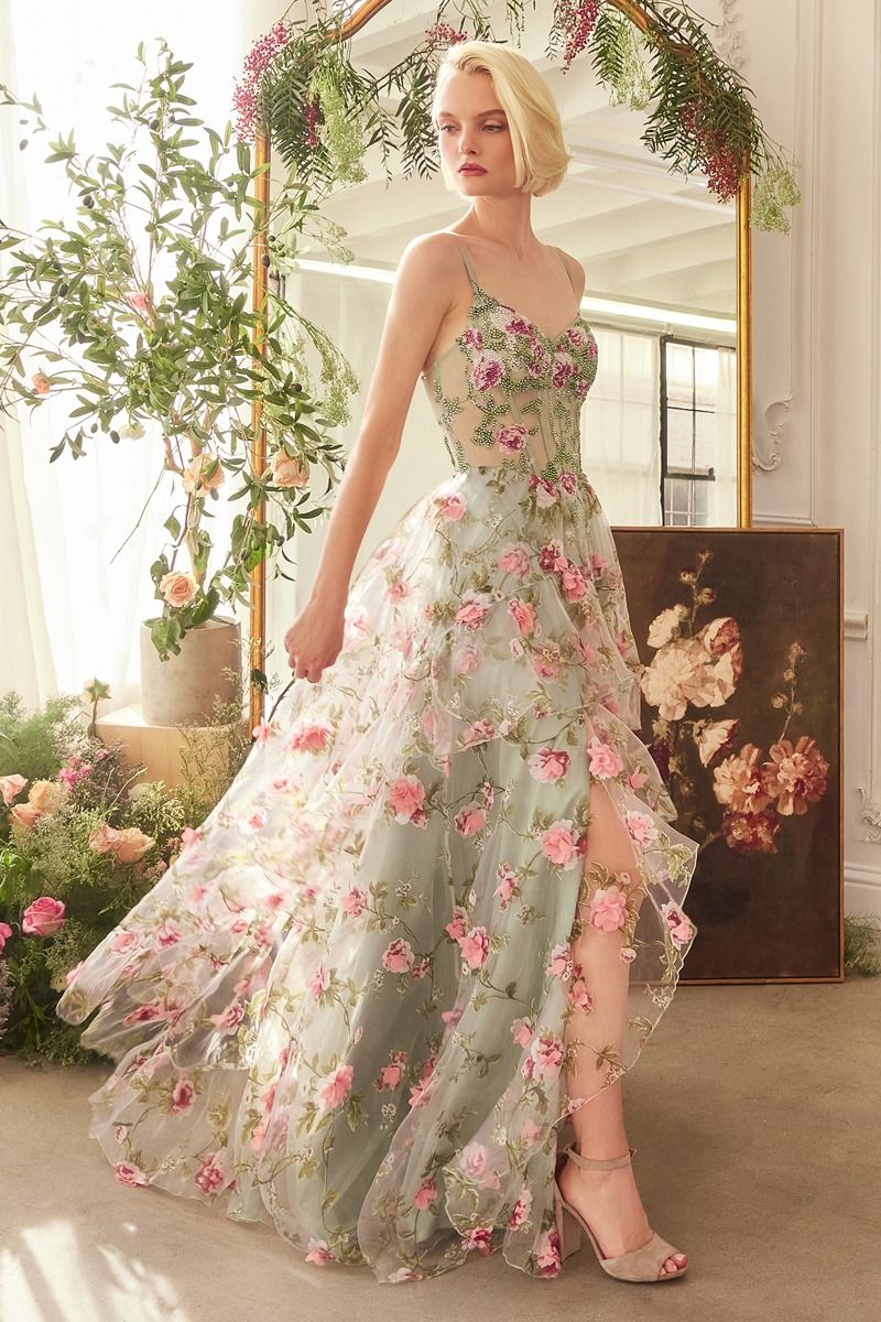 Andrea & Leo A1420 Long Floral Printed A Line Formal Prom Dress - Sage / 6 Andrea & Leo A1420 Long Floral Printed A Line Formal Prom Dress - Sage / 6