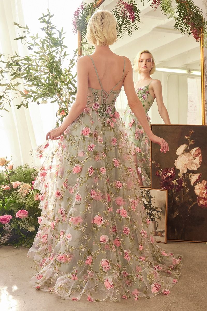 dress with floral design Andrea & Leo A1420 Long Floral Printed A Line Formal Prom Dress