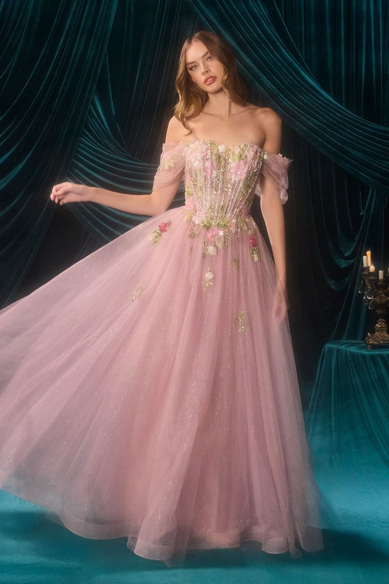 3D Floral Embroidery A-Line Gown by Andrea and Leo A1479 - Special Occasion