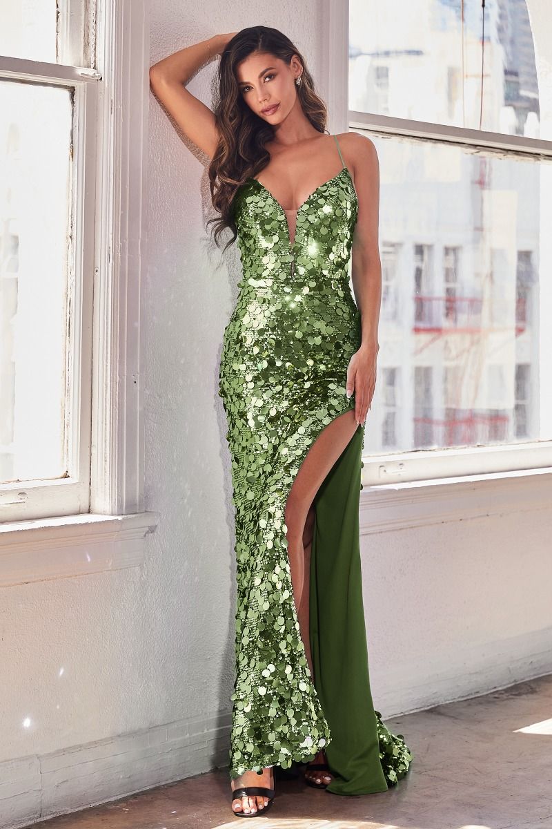 Fitted Paillette V-Neckline Leg Slit Gown By Ladivine B1141 - Women Evening Formal Gown - Special Occasion