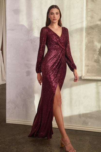 Sequin Long Sleeve V-Neckline Gown by Cinderella Divine B8422 - Special Occasion